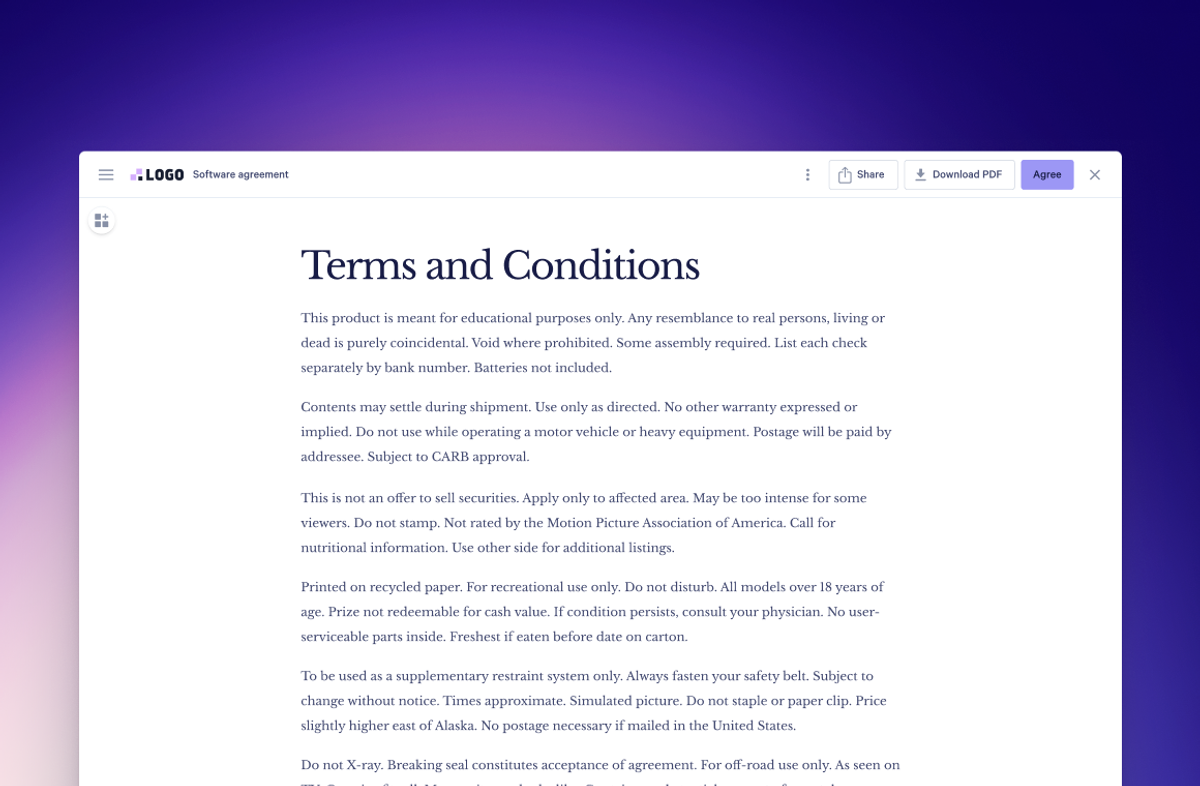 a screen shot of a software agreement with terms and conditions