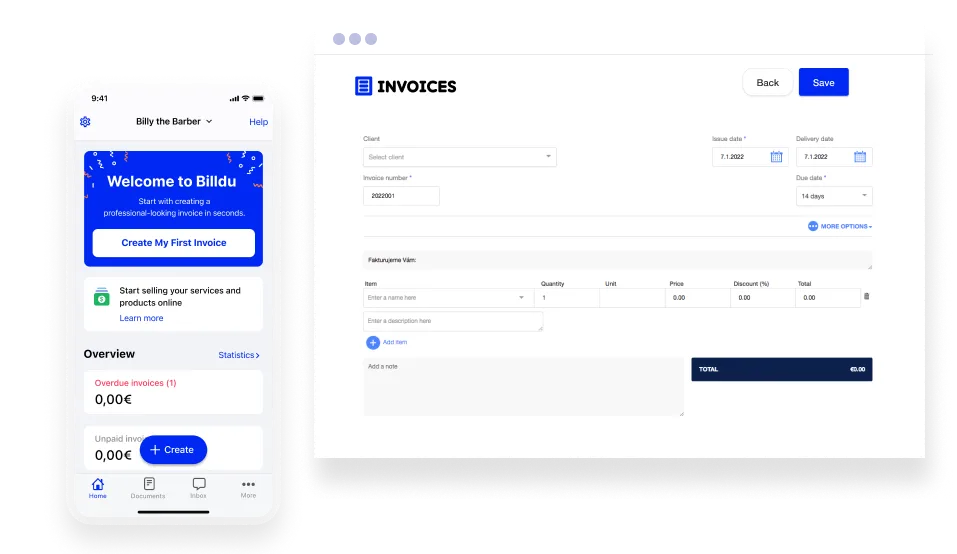 A mobile phone displaying the Billdu invoicing app next to a desktop screen showing an invoice creation form.