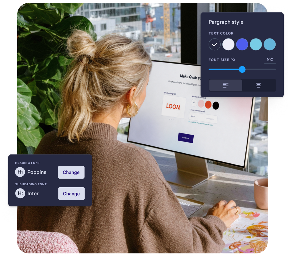 A woman customizes brand details, fonts, and text styles on a computer screen.