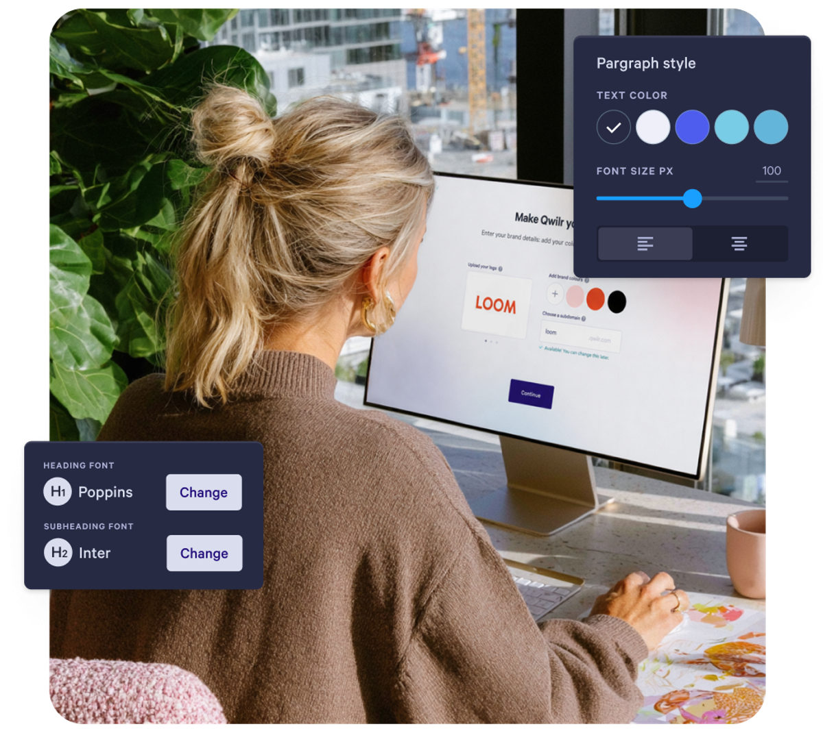 A woman customizes brand details, fonts, and text styles on a computer screen.