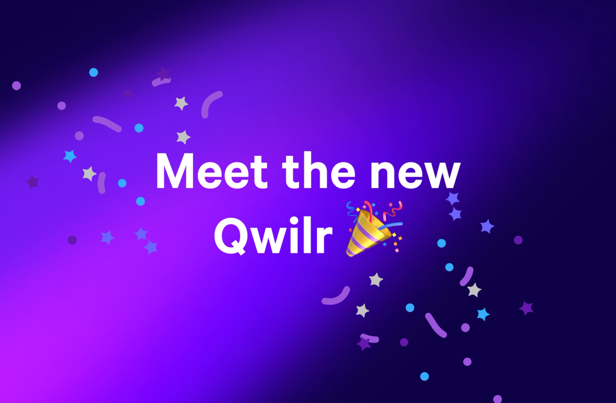 A purple background with confetti and a party popper. Text reads: "Meet the new Qwilr".