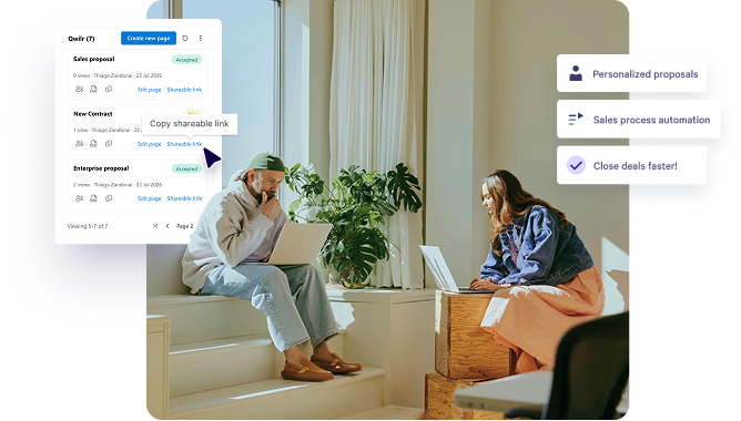 Two people work on laptops with software UI overlays showing proposal management, shareable links, personalized proposals, sales automation, and faster deal closing.