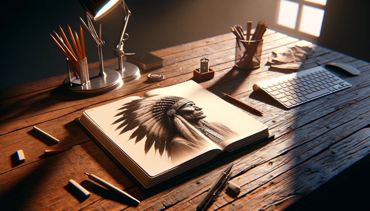 an open book with a drawing of a native american on a wooden table.
