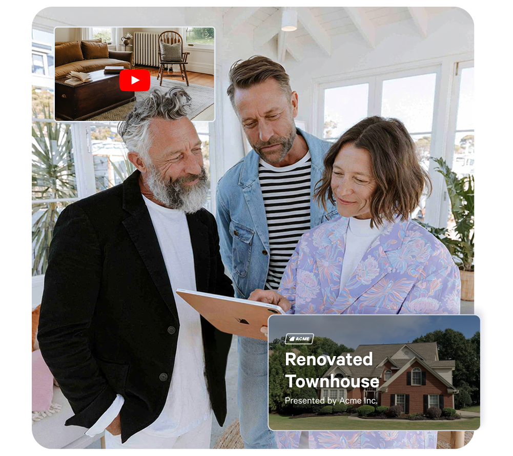 Three people viewing a tablet with pop-up video previews showing a home interior and a "Renovated Townhouse presented by Acme Inc."