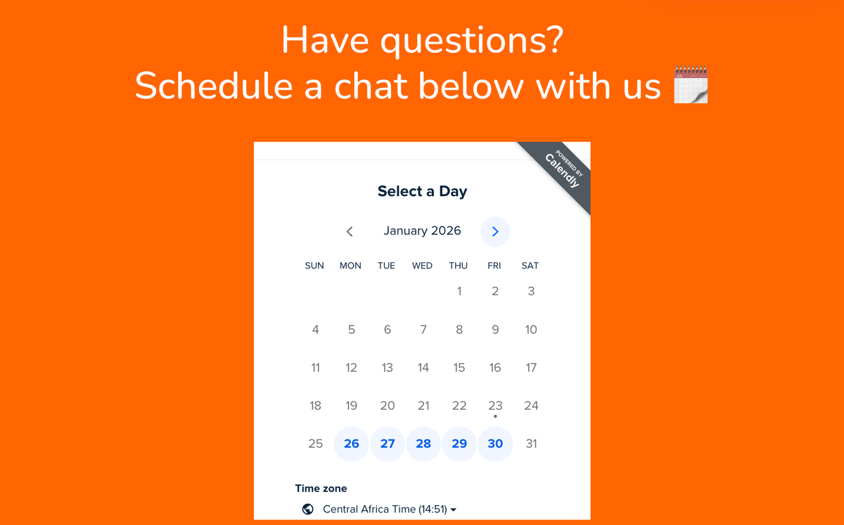 Text 'Have questions? Schedule a chat below with us' and a Calendly calendar showing January 2026.