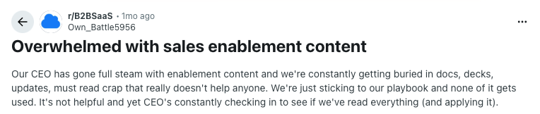 Reddit post titled "Overwhelmed with sales enablement content" discussing a CEO pushing too much unhelpful material.