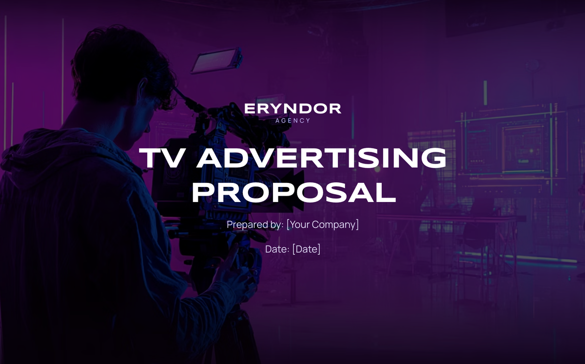 TV ADVERTISING PROPOSAL title slide with a camera operator, by ERYNDOR AGENCY.