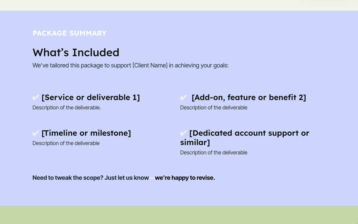A package summary template showing included services, add-ons, timeline, and support with placeholder text.