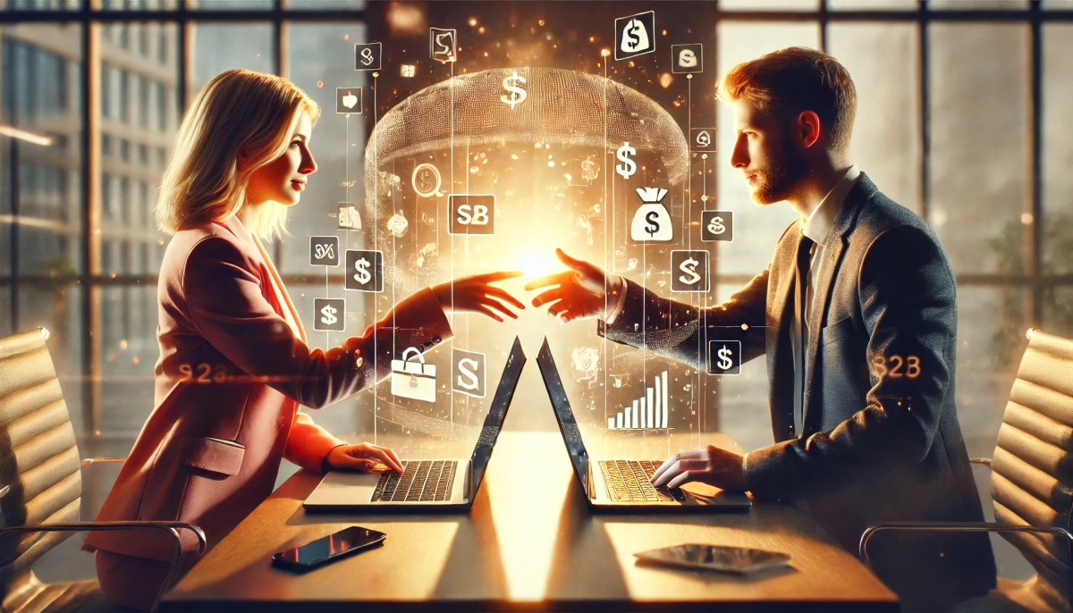 a man and a woman are shaking hands while sitting at a table with laptops .