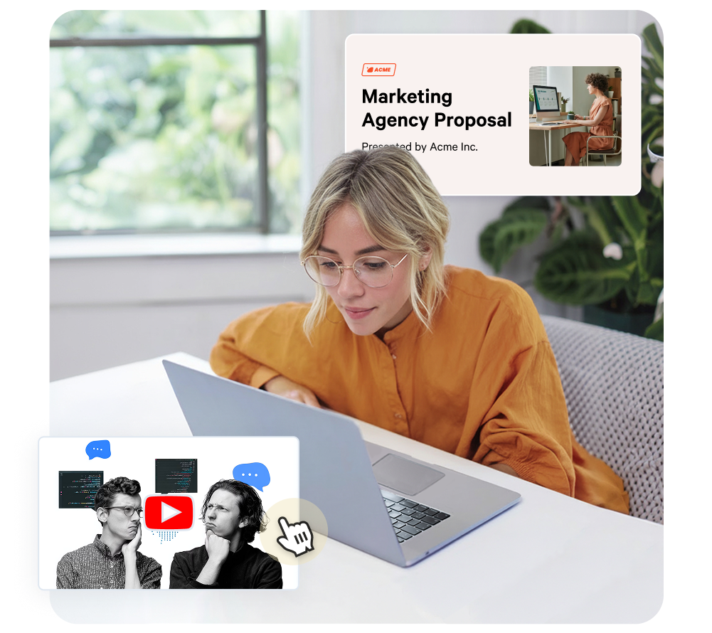 Woman on a laptop, with overlays showing a marketing proposal and a video call.