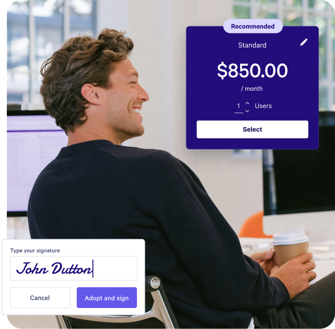 A smiling man reviewing an $850 per month plan with a typed signature field.