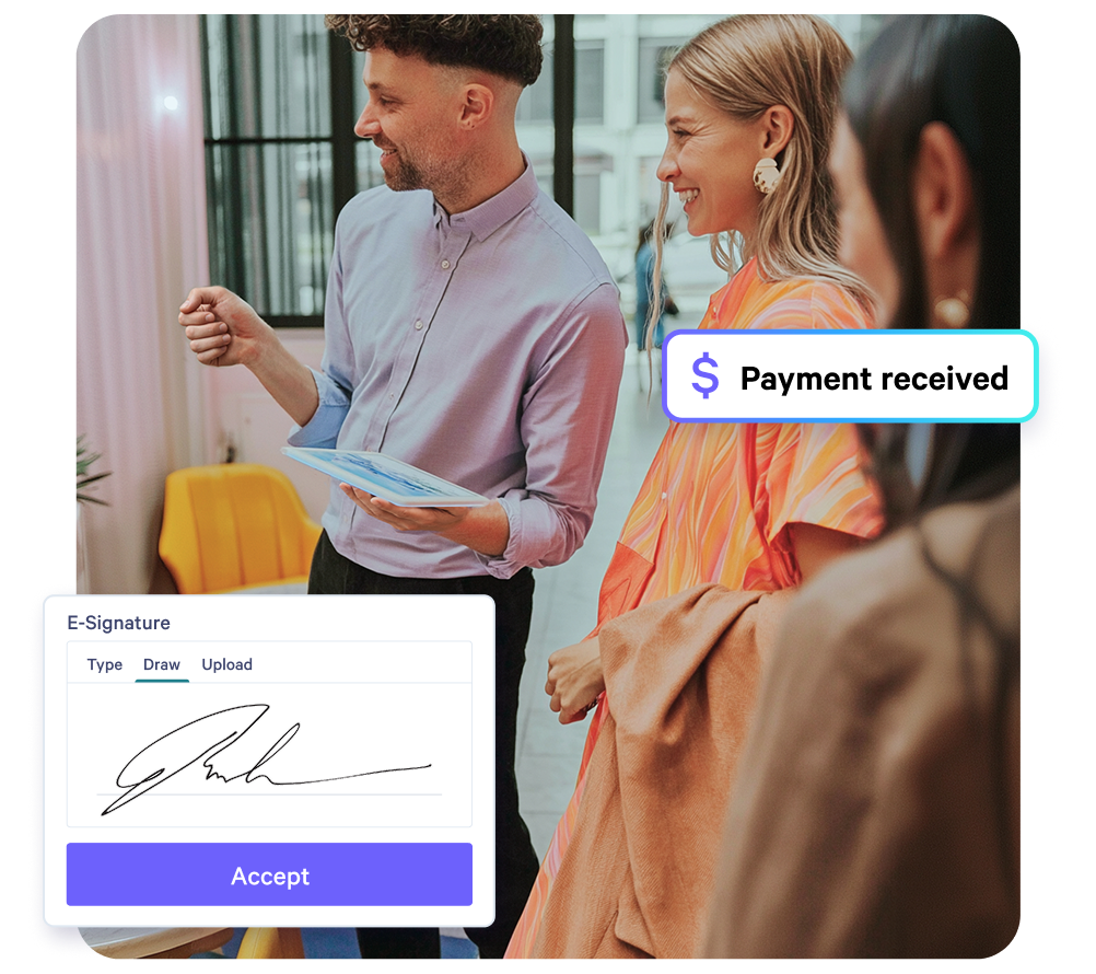 People in a business setting with an e-signature interface and "Payment received" notification.
