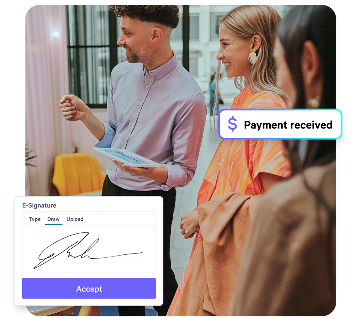 People in a business setting with an e-signature interface and "Payment received" notification.