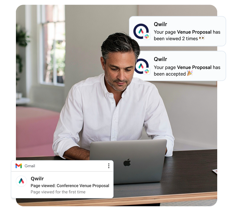 Man on a laptop receives digital notifications about his "Venue Proposal" being viewed and accepted.