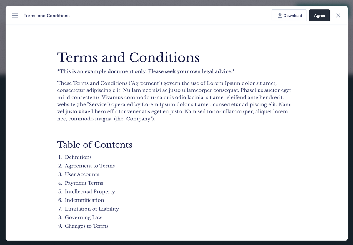 Terms and Conditions document with a table of contents and download/agree buttons.