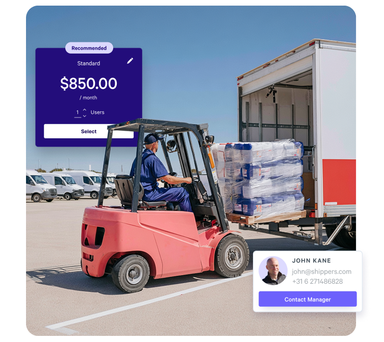 A forklift loads goods into a truck, with digital overlays showing a $850/month plan and a contact person.