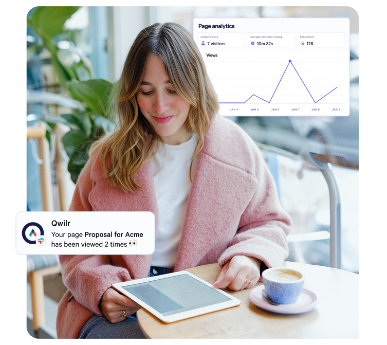 A woman reviews a tablet, overlaid with a Qwilr notification of a viewed proposal and a page analytics dashboard.