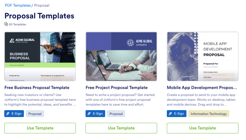 a pdf template for a business proposal on Jotform
