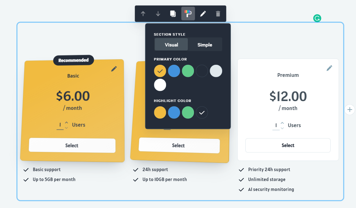 a screenshot of a pricing page for a service