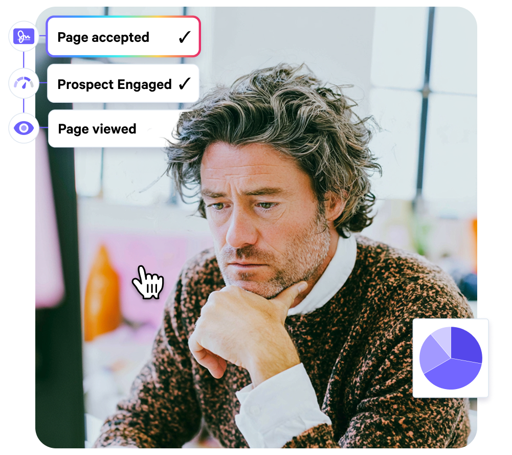 A man views a screen with overlaid digital engagement metrics: 'Page accepted' (checked), 'Prospect Engaged' (checked), 'Page viewed', and a pie chart icon.