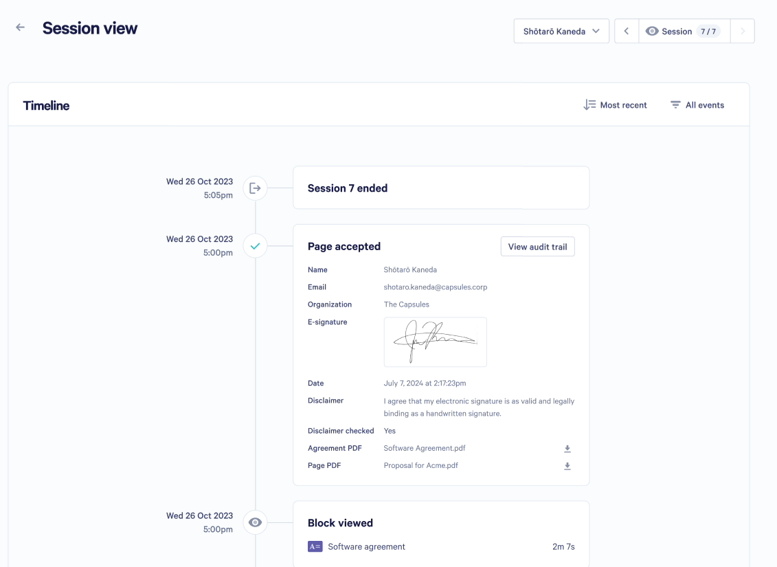 A digital session timeline displaying an e-signature by Shotaro Kaneda for a 'Page accepted' event.