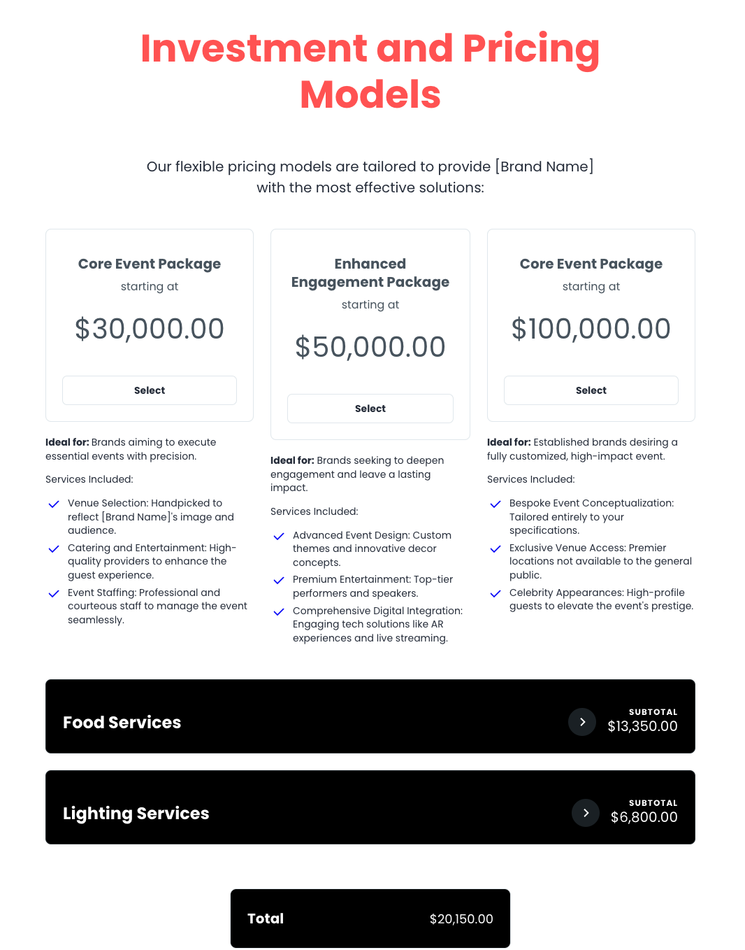 Example of event services budget proposal