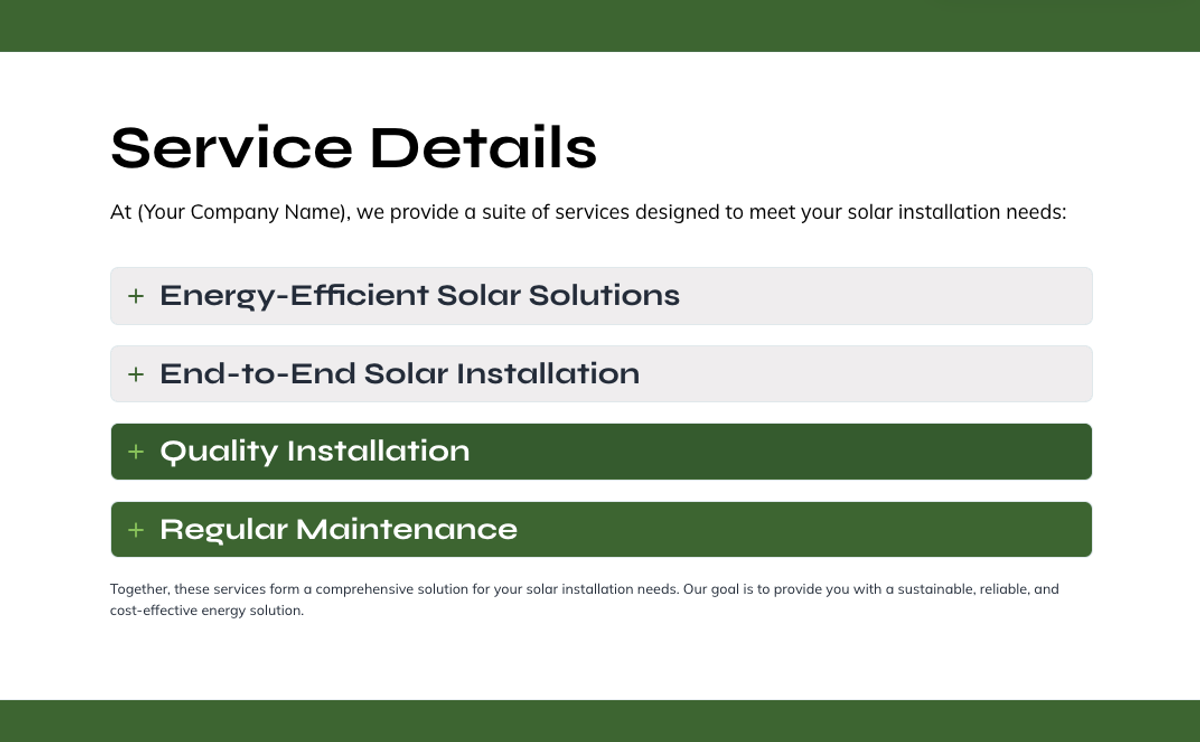 a service details page for a solar installation company