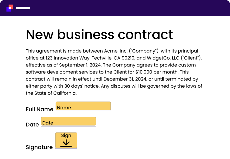 A digital business contract form with input fields for name, date, and signature.
