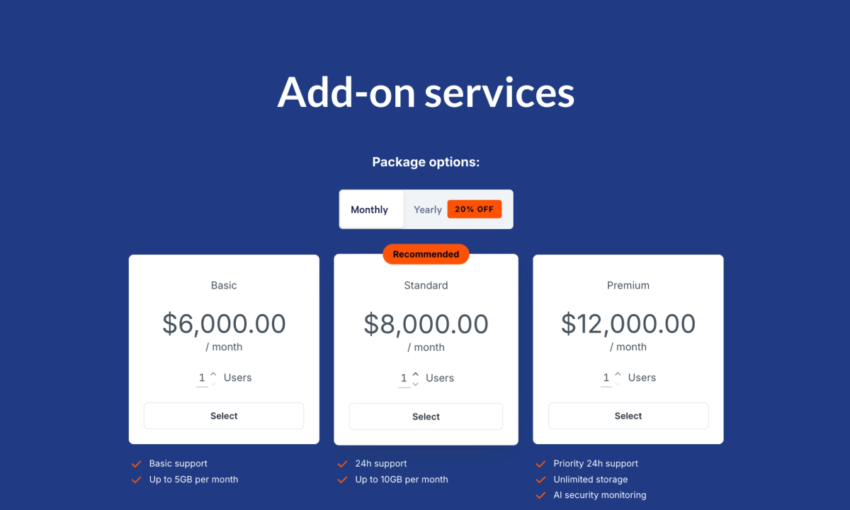 a screenshot of add-on services on a website