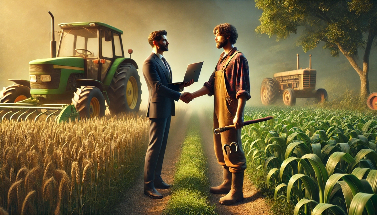 a man in a suit is shaking hands with a farmer in a field .