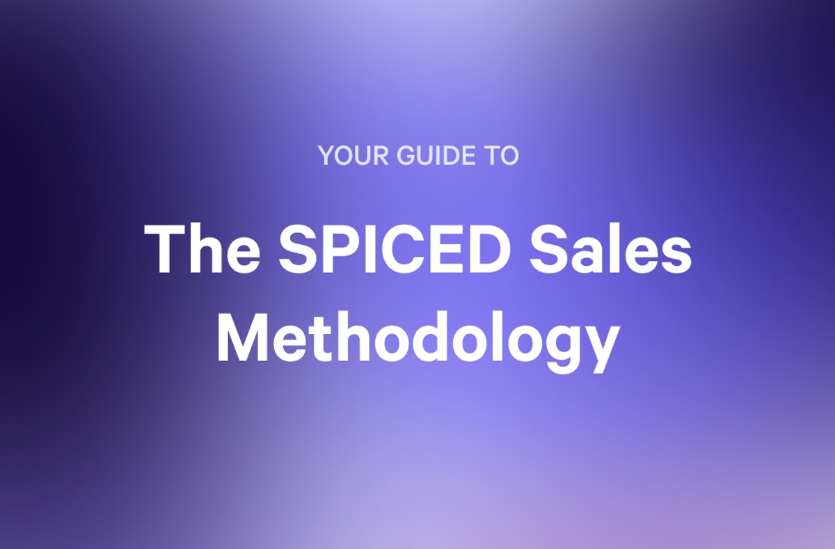 Text on a purple gradient background: "YOUR GUIDE TO The SPICED Sales Methodology".