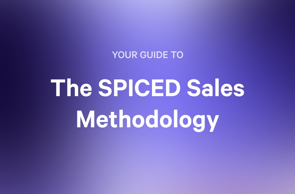 Text on a purple gradient background: "YOUR GUIDE TO The SPICED Sales Methodology".