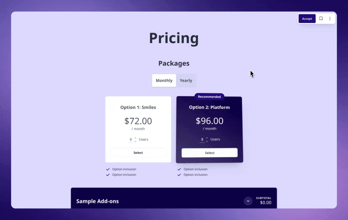 A pricing page UI displaying two packages: 'Smiles' at $72/month and 'Platform' (Recommended) at $96/month, with a monthly/yearly toggle and an add-ons section.