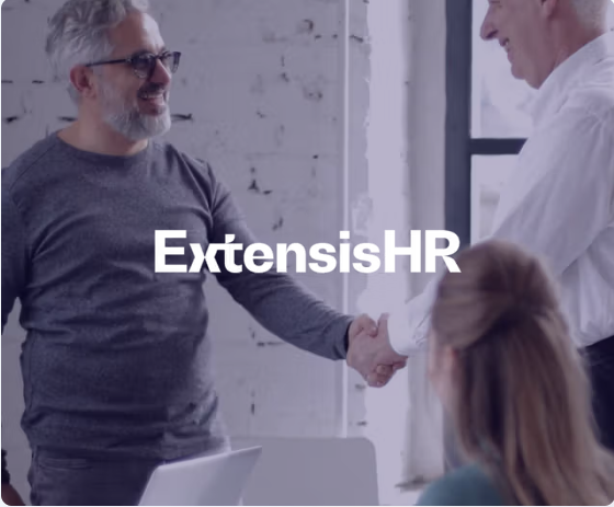 Two men shaking hands in an office setting, with the text "ExtensisHR" overlaid.