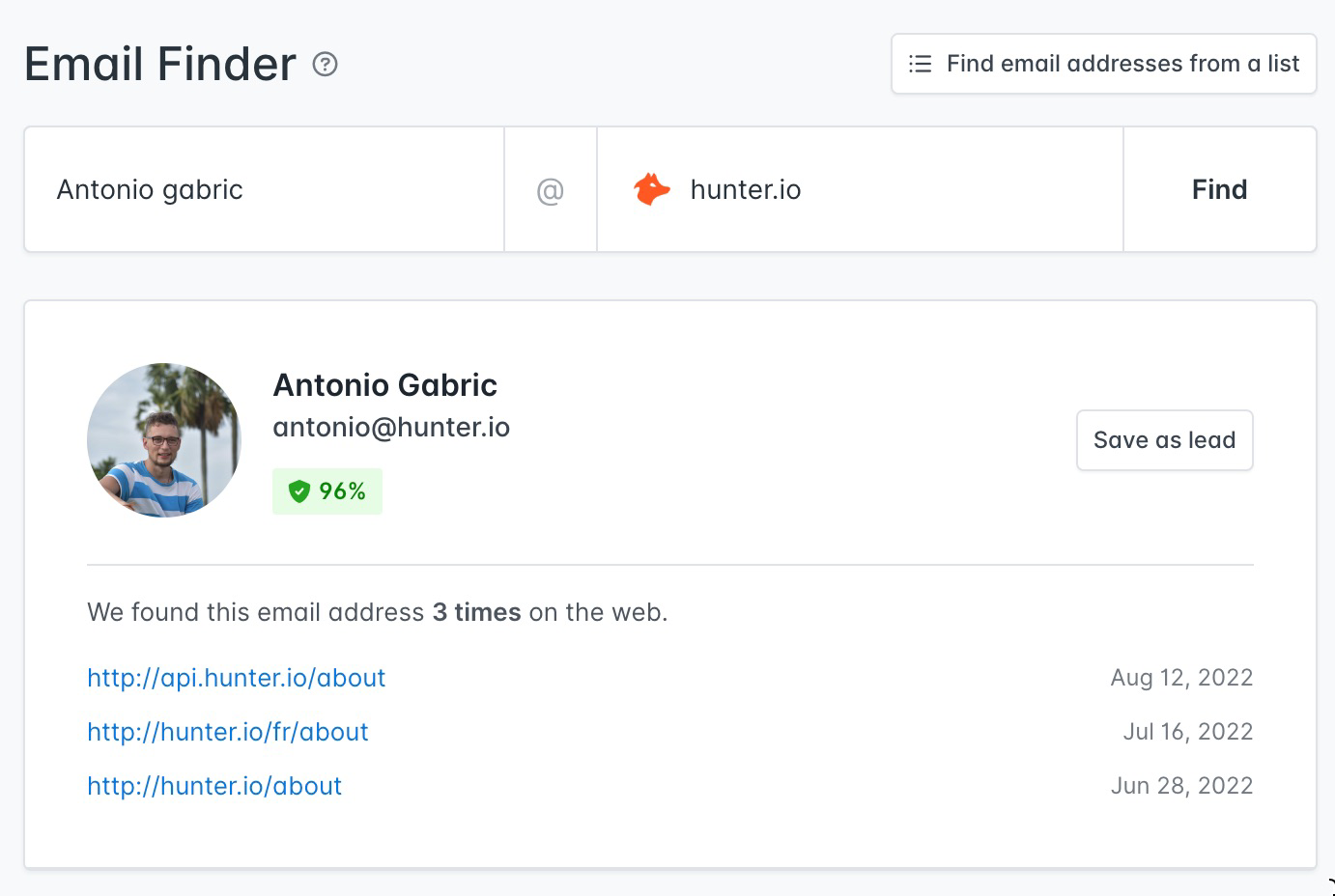 a screenshot of an email finder page for antonio gabric