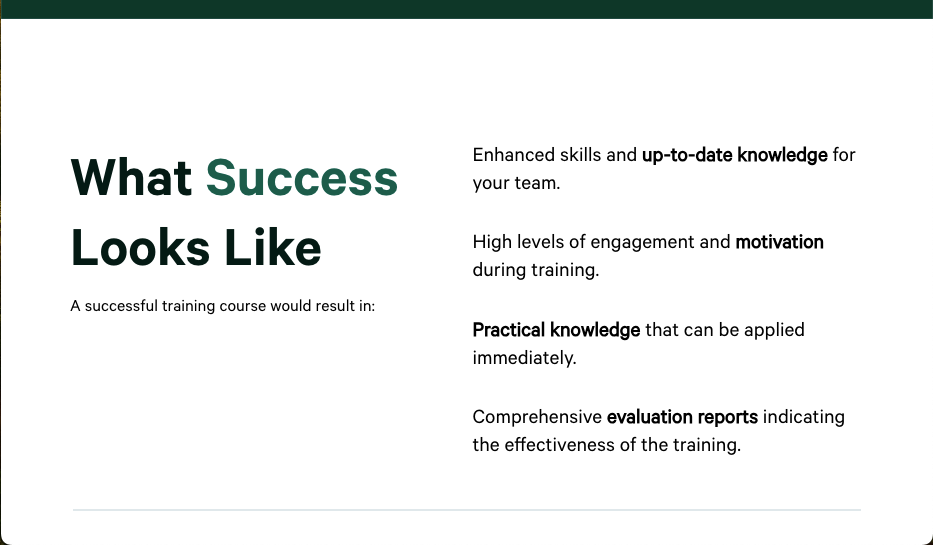 Proposal page breaking down success metrics