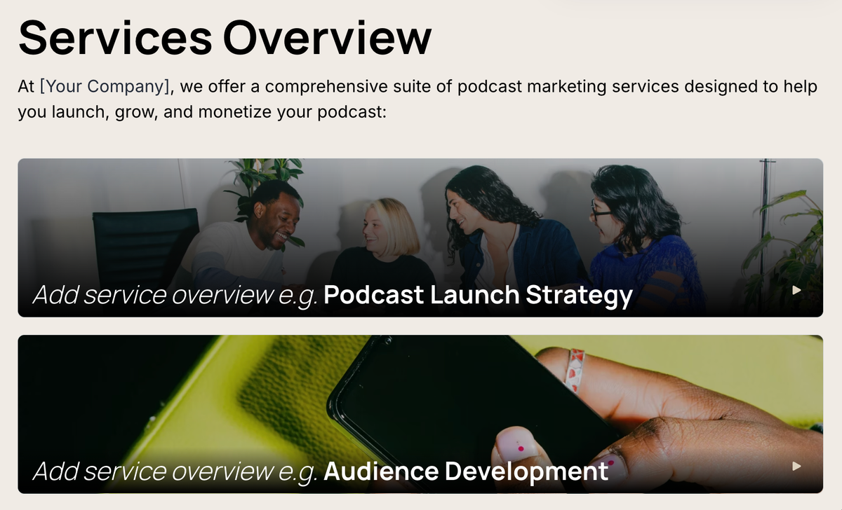 a screenshot of a website that says services overview