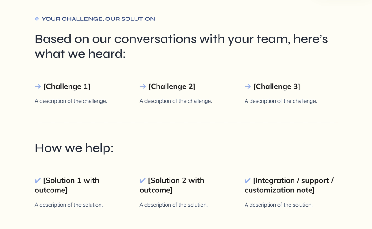 a page that says " based on our conversations with your team here 's what we heard "
