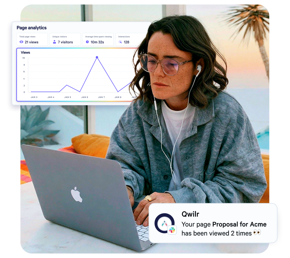 A person working on a laptop with a "Page analytics" graph overlay and a Qwilr notification about a document view.