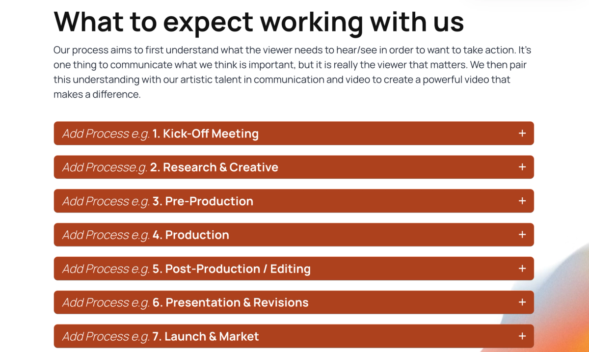 A webpage section titled "What to expect working with us," outlining a 7-step video production process, from kick-off to launch.