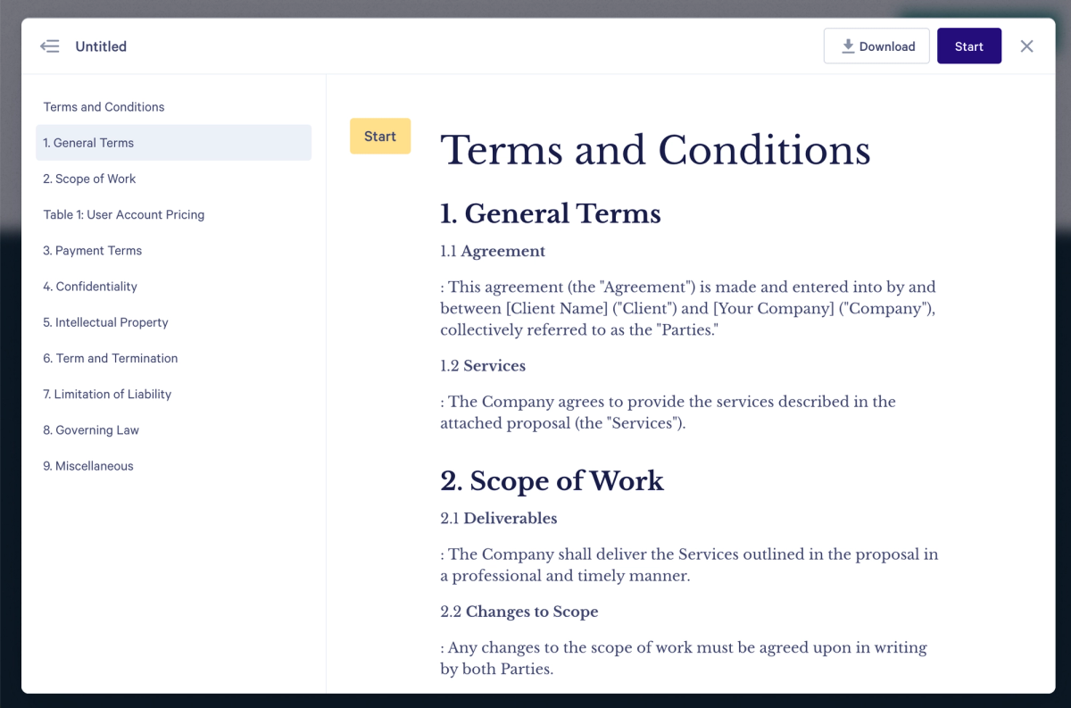 A web interface displaying a "Terms and Conditions" document, with a navigation sidebar on the left and the document content on the right.