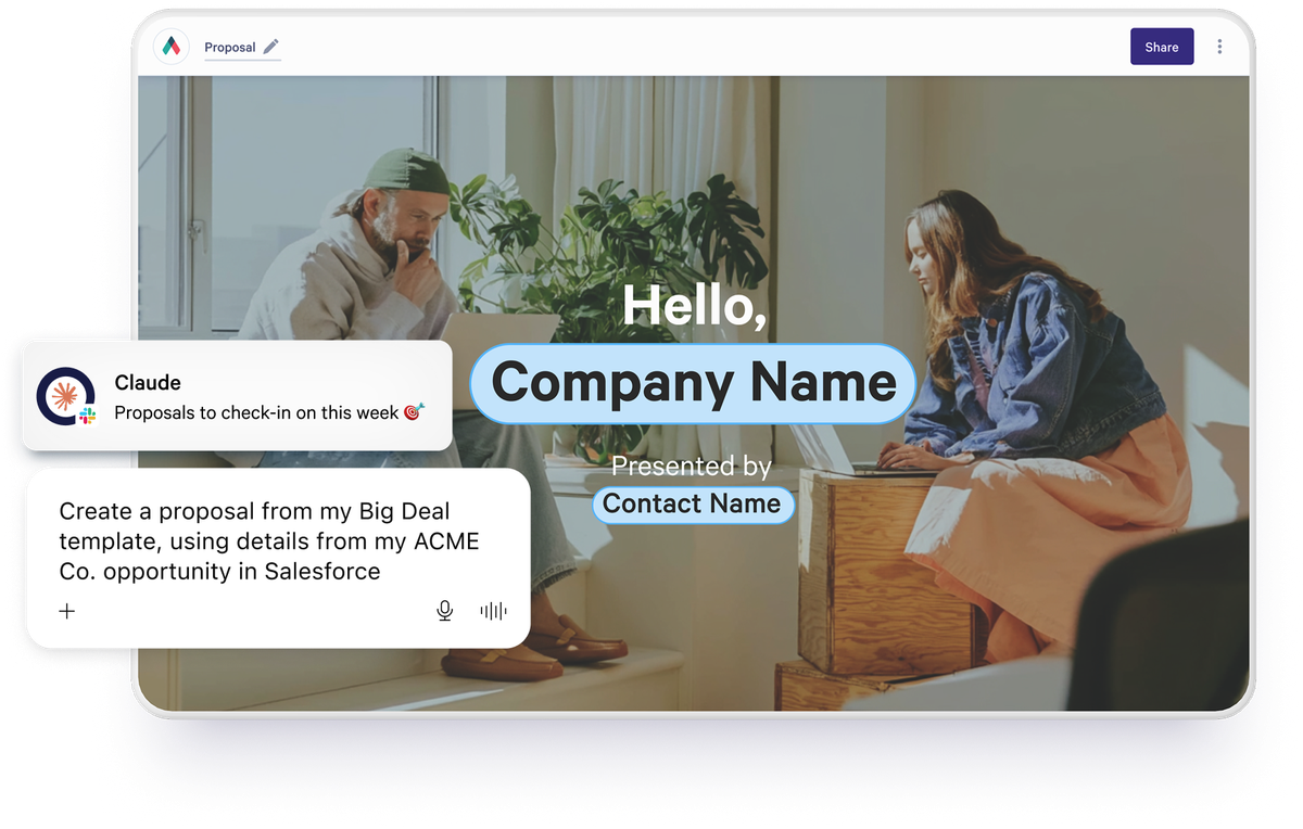 A digital screen displaying a business proposal presentation, overlaid by chat bubbles showing an AI assistant with a reminder and a user's voice command to create a proposal from a template using Salesforce data.