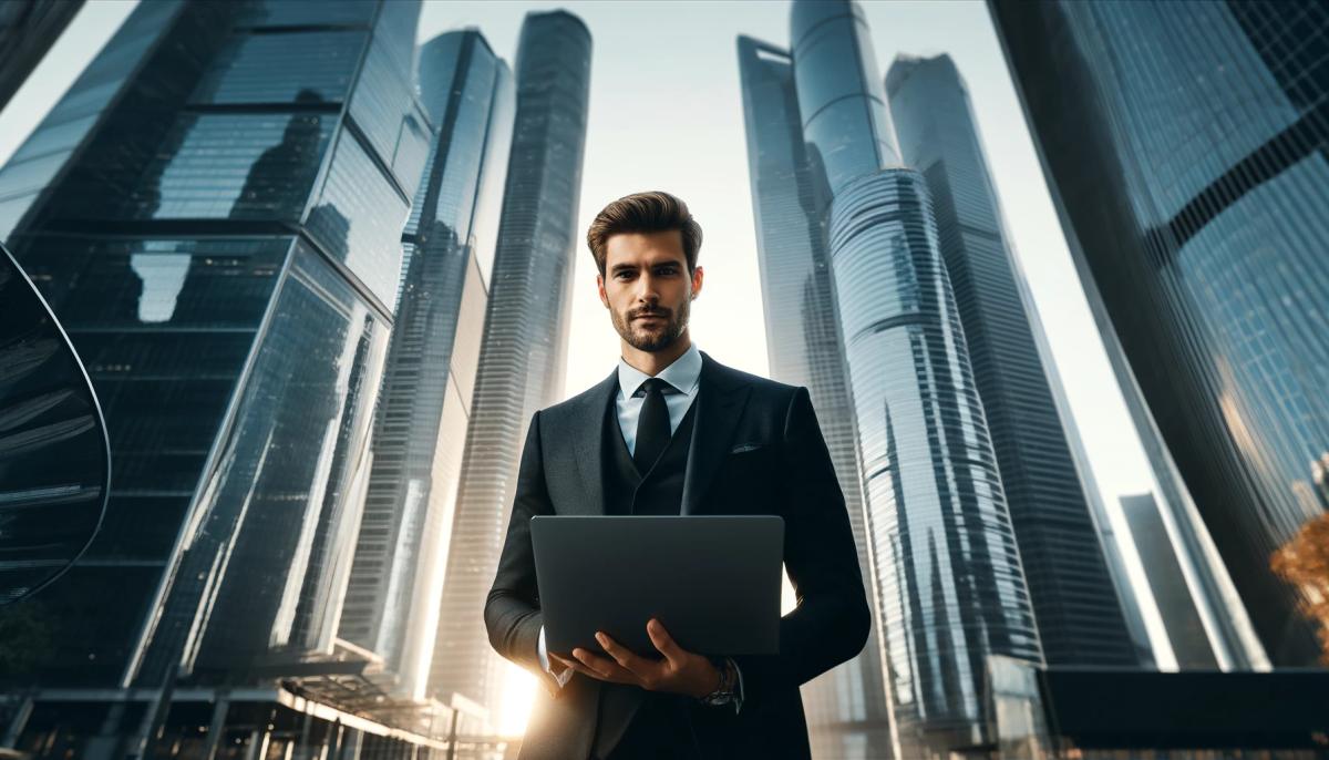 a man in a suit and tie is holding a laptop in front of a city skyline