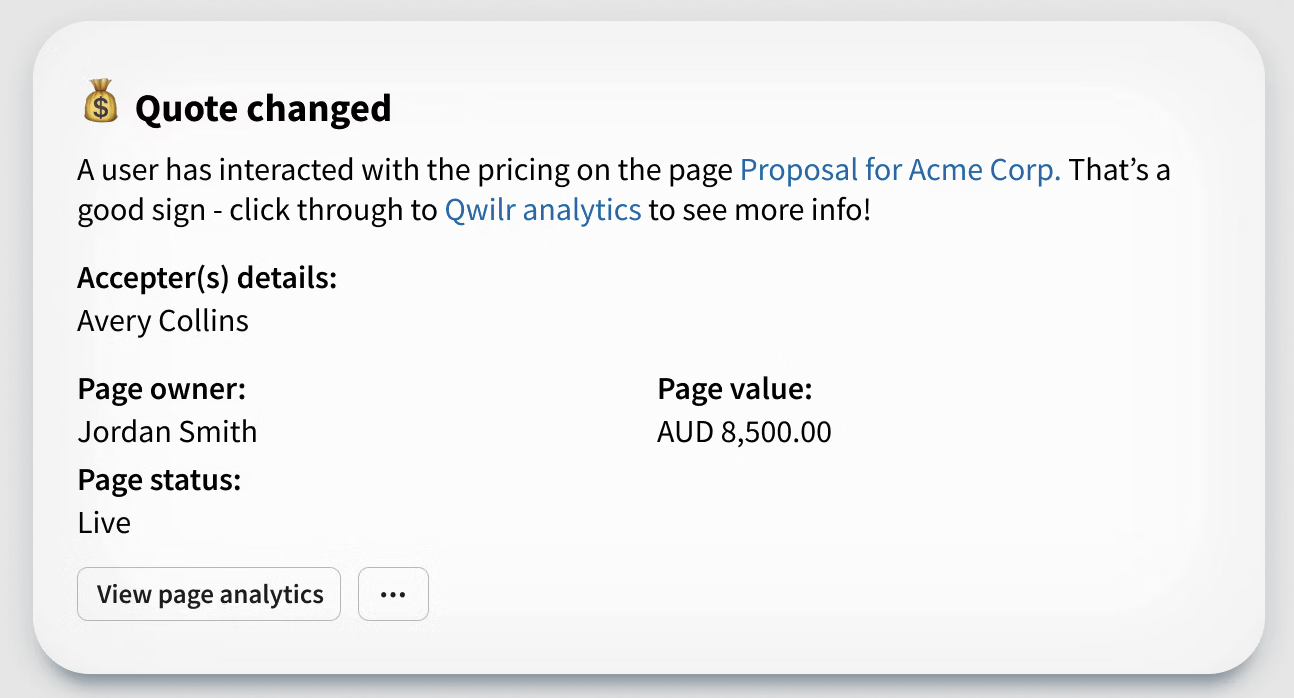Qwilr quote change notification on slack