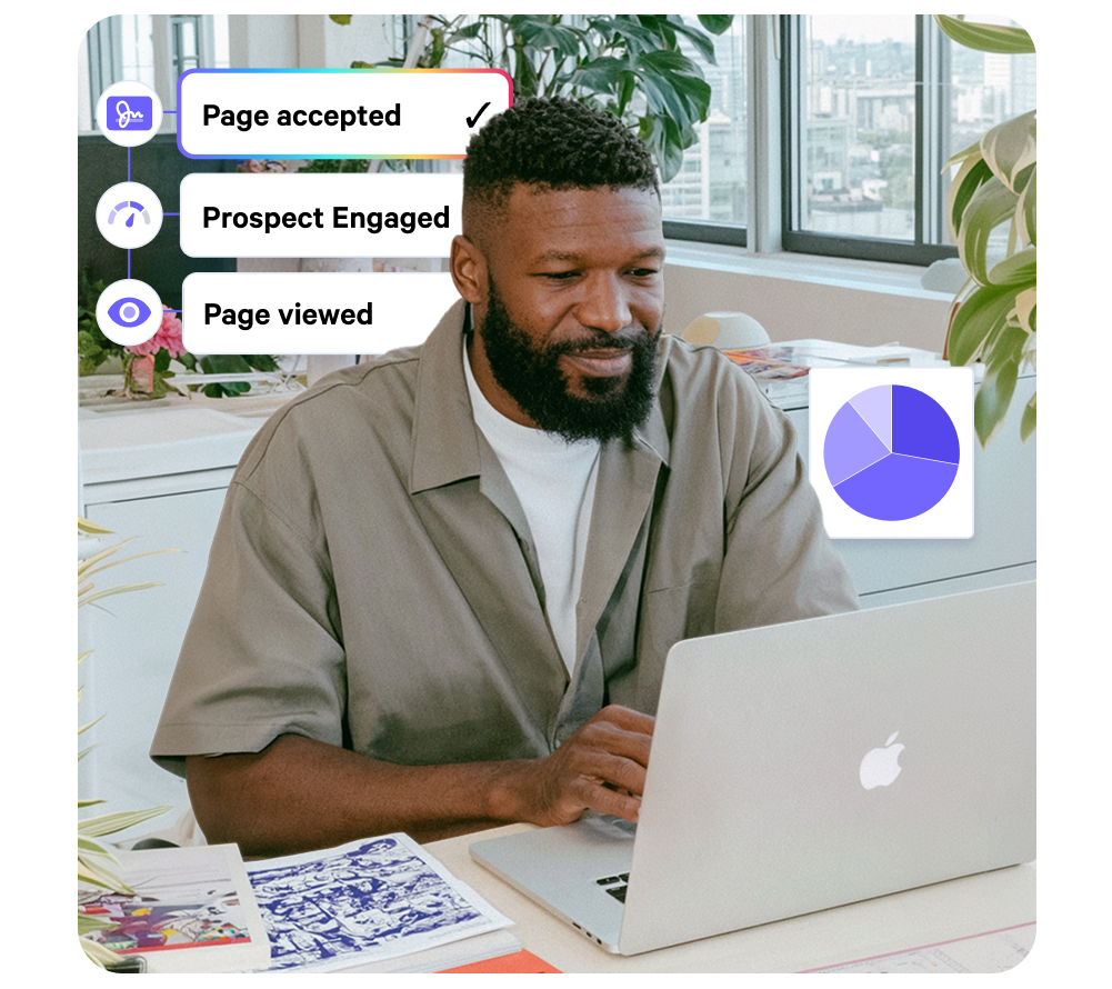 Man typing on a laptop with digital overlays showing "Page accepted," "Prospect Engaged," "Page viewed," and a pie chart.