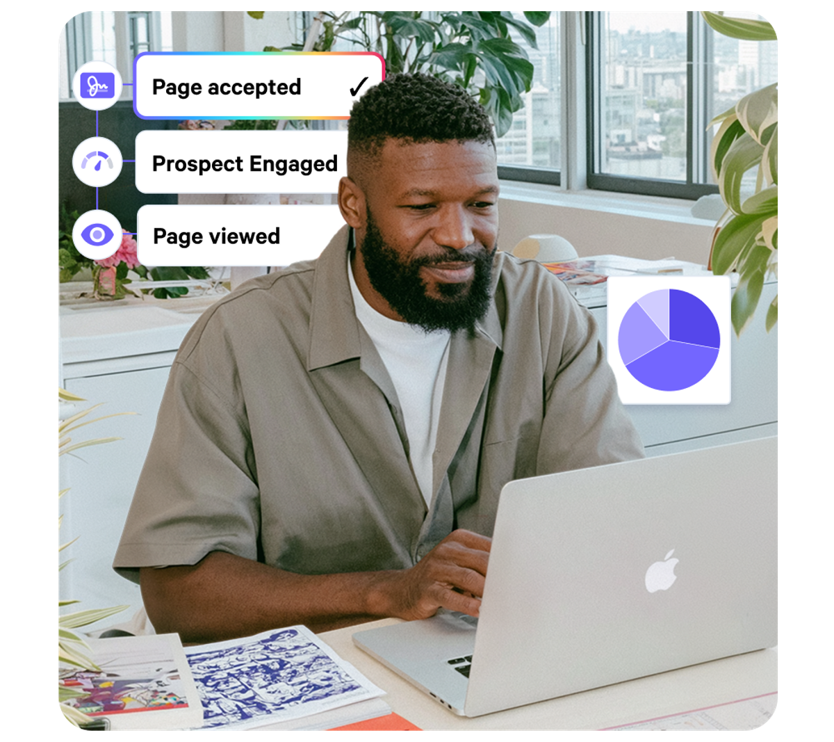 Man typing on a laptop with digital overlays showing "Page accepted," "Prospect Engaged," "Page viewed," and a pie chart.