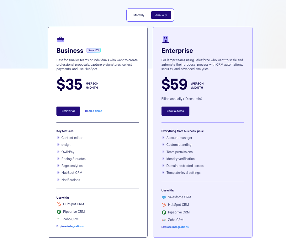 a screenshot of a pricing page for business and enterprise