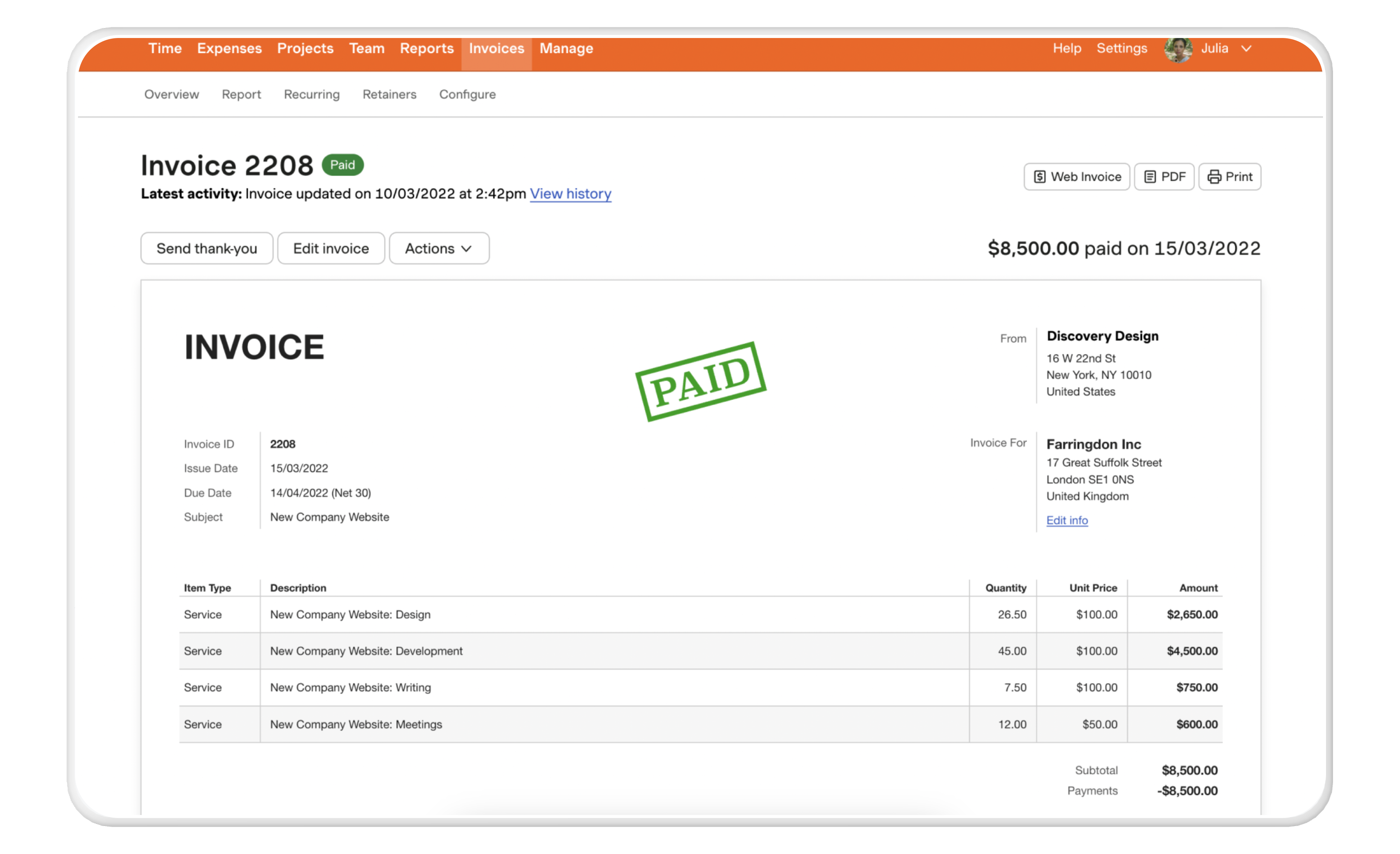 Harvest digital invoice