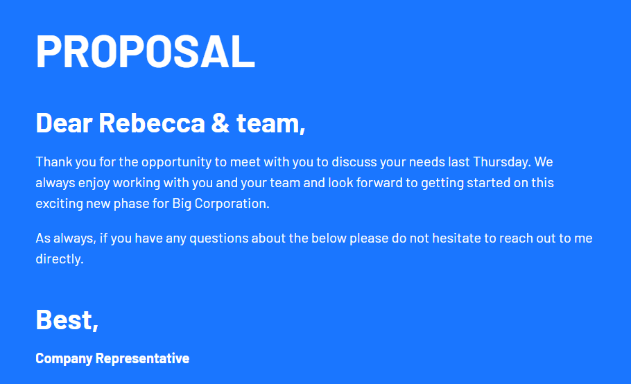 a blue background with white text that says proposal dear rebecca & team
