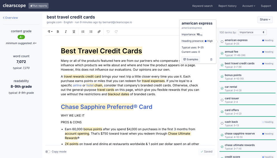 a screenshot of the clearscope website showing the best travel credit cards